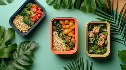 Three vibrant lunch boxes filled with a variety of fresh vegetables and proteins are beautifully displayed on a colorful table. Surrounding foliage adds a lively touch to this meal prep scene