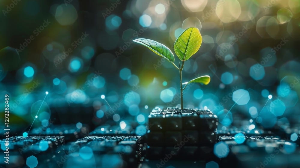 Poster a of digital blocks standing tall like budding leaves represents the growth of blockchain technology