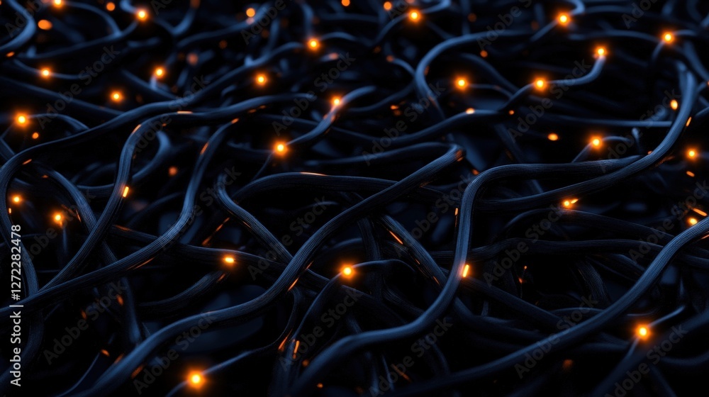 Aufkleber a close-up view of tangled wires intertwined with warm glowing lights, creating a visually striking 