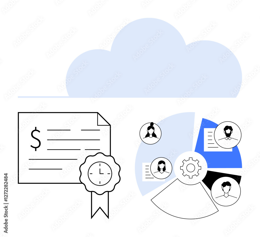 Poster financial certificate with time badge beside pie chart displaying team collaboration, cloud in backg