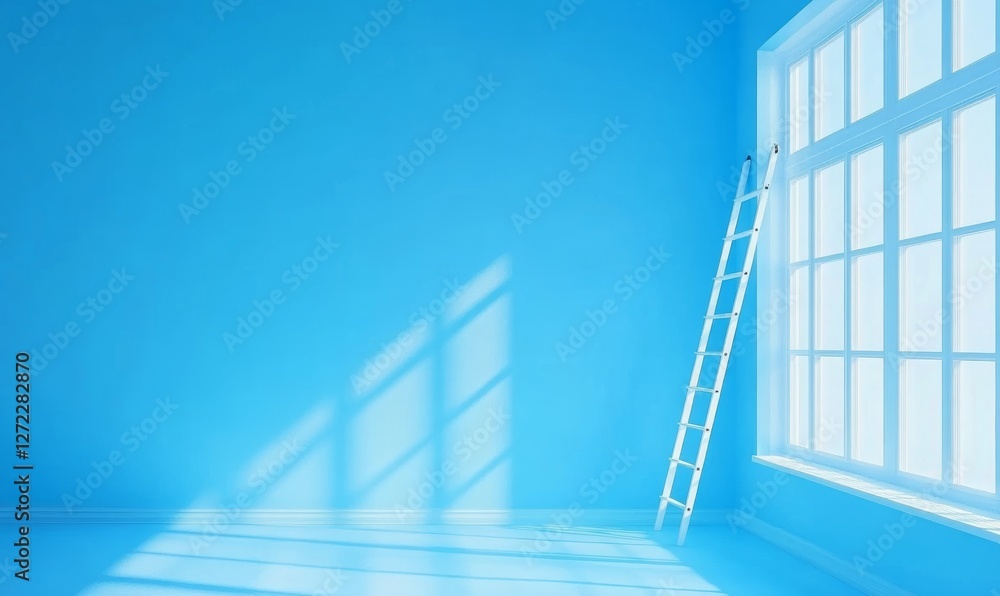 Poster a 3d rendering of a step ladder on a blue wall climbing and descending the stairs, symbolizing growt