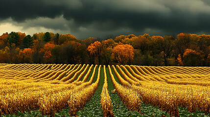 Autumnal cornfield landscape, storm clouds gathering, rural scene, harvest imagery