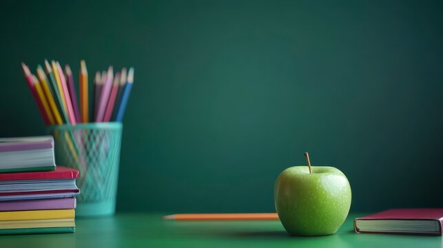 School supplies and green apple on green chalkboard background.  Possible use Education, back to school