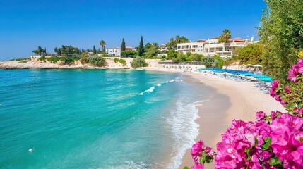 Idyllic Beach Scene With Turquoise Waters And Buildings