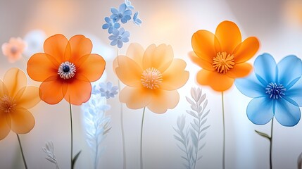 Translucent orange and blue flowers stand against an ethereal background