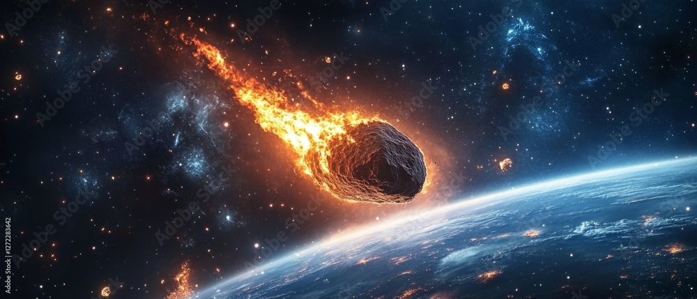 Poster a fiery asteroid is streaking through the depths of space on a direct collision course towards earth