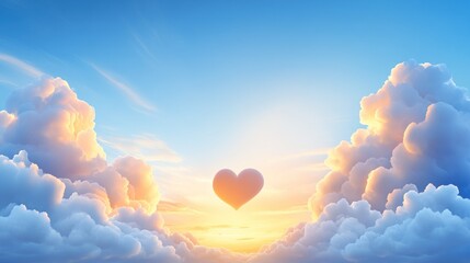 Heart floats in the sky surrounded by fluffy clouds
