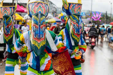 Loei Thailand July 6 2024  Phi Ta Khon festival Ghost mask and colorful costume Fun Traditional Tradition Very famous There are tourists around the world at Dan Sai Loei halloween of Thailand