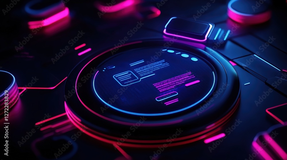 Poster a close-up view of an intricate digital interface featuring vibrant neon colors, showcasing modern t