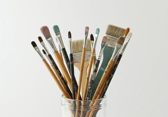 Assorted Paint Brushes in Glass Jar, Art Supplies, White Background Photograph