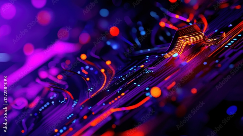Poster a close-up view of a vibrant circuit board, showcasing intricate patterns, colorful light reflection