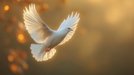 Obraz premium White dove in flight against a soft golden background
