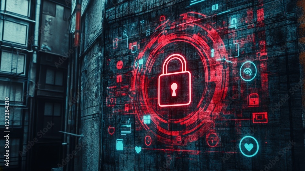 Poster futuristic cyber security system is projecting a digital lock and various icons onto a weathered wal