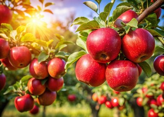 Juicy Red Apples Hanging on Branch in Sunny Orchard - High-Resolution Stock Photo