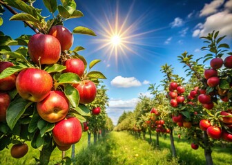 Juicy Red Apples Hanging on Tree Branches in a Sunny Orchard - Autumn Harvest