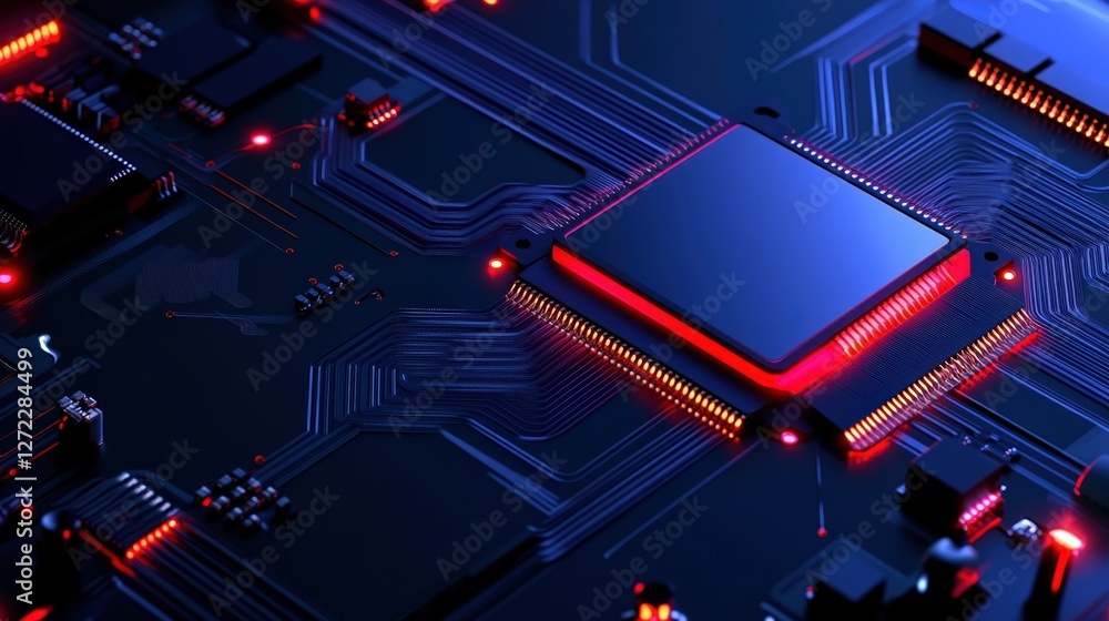 Poster a close-up view of a modern microchip, showcasing intricate circuits and glowing led lights