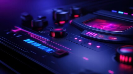 A close-up view of a modern sound mixer, featuring vibrant purple and blue lights, knobs, and displays, showcasing technology's impact on music production and audio engineering.