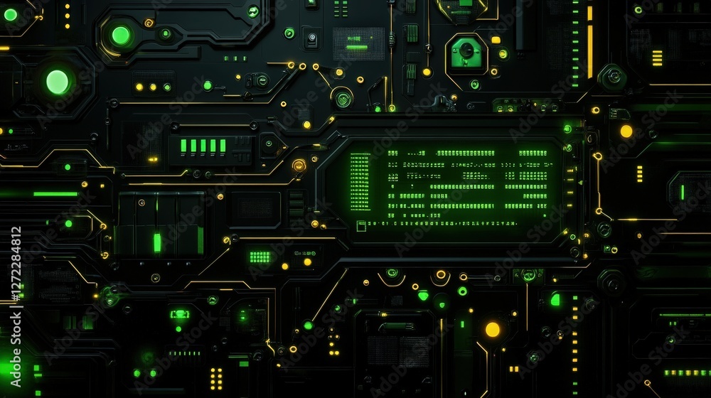 Poster a close-up view of a modern circuit board with vibrant green and yellow lights, showcasing intricate