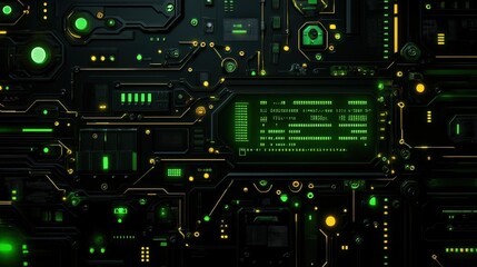 Fototapeta premium A close-up view of a modern circuit board with vibrant green and yellow lights, showcasing intricate connections and digital elements that represent innovation and advancement in t