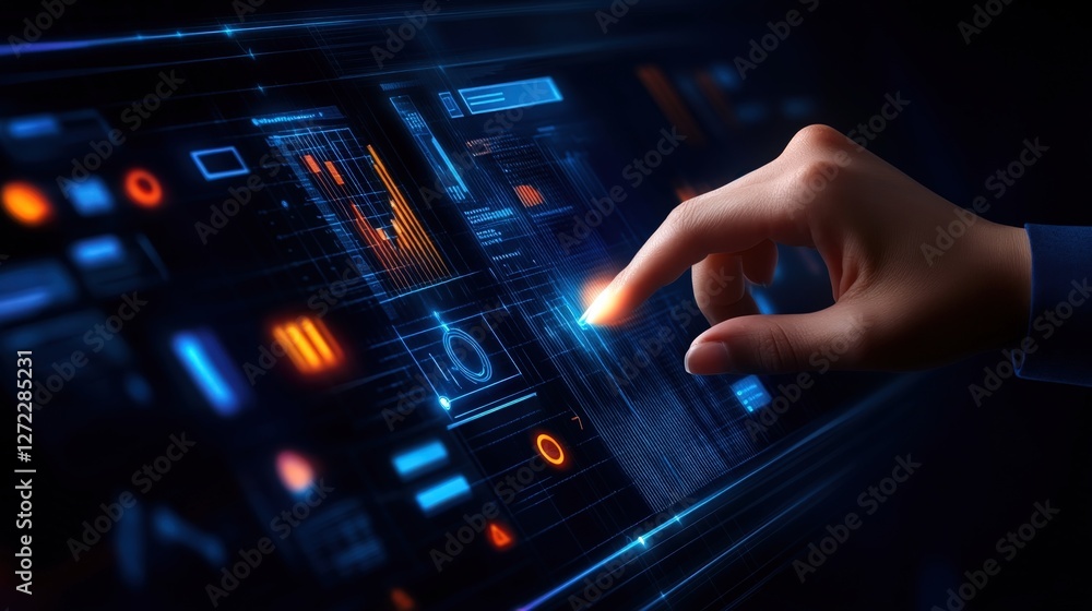 Poster a close-up view of a hand interacting with an advanced touchscreen interface, demonstrating modern t
