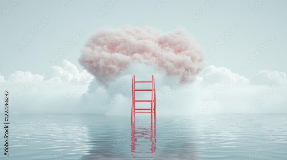 Poster a visual metaphor of a red ladder soaring to the clouds, illustrating goals of growth and the interc