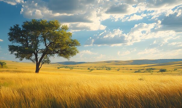 Golden wheat field with a lone tree under a blue sky with white clouds in landscape - Powered by Adobe