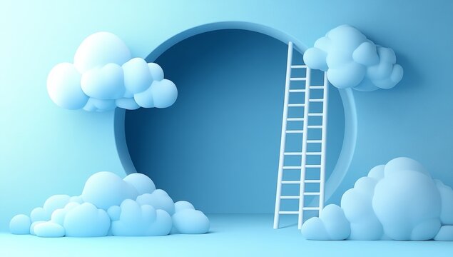 Step ladder extending to the clouds. Simple blue layout