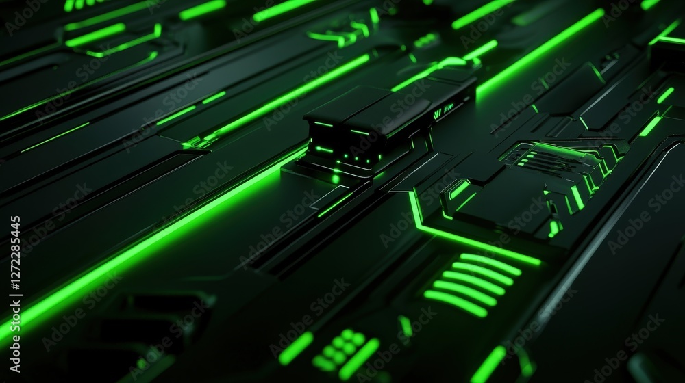 Aufkleber a close-up view of a futuristic digital circuit board with glowing green lines and intricate pattern