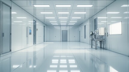Cleanroom Corridor: Sterile Environment, High-Tech Equipment, Bright Lighting
