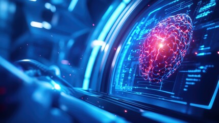 A close-up view of a futuristic interface displaying a glowing brain hologram, surrounded by data and digital elements, illustrating advanced technology and artificial intelligence