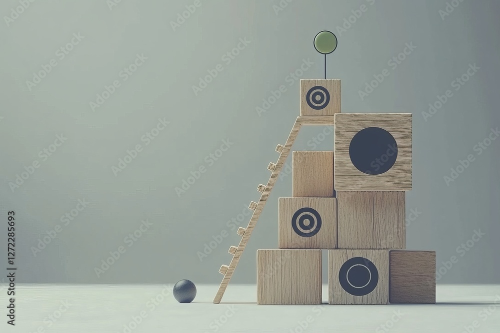 Poster a staircase constructed from wooden blocks with uneven levels heading towards a target board, depict
