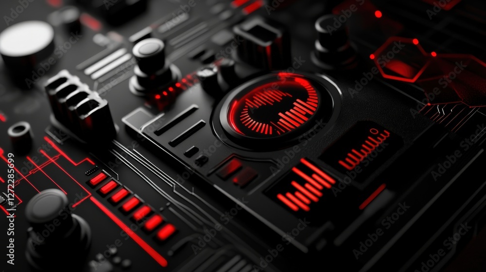 Poster a close-up view of a futuristic control panel, showcasing intricate black circuitry complemented by 