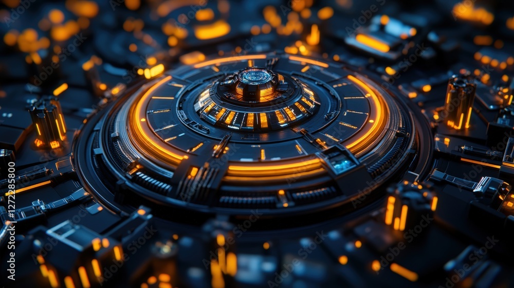 Poster a close-up view of a futuristic circuit board featuring vibrant orange and blue lights, showcasing i