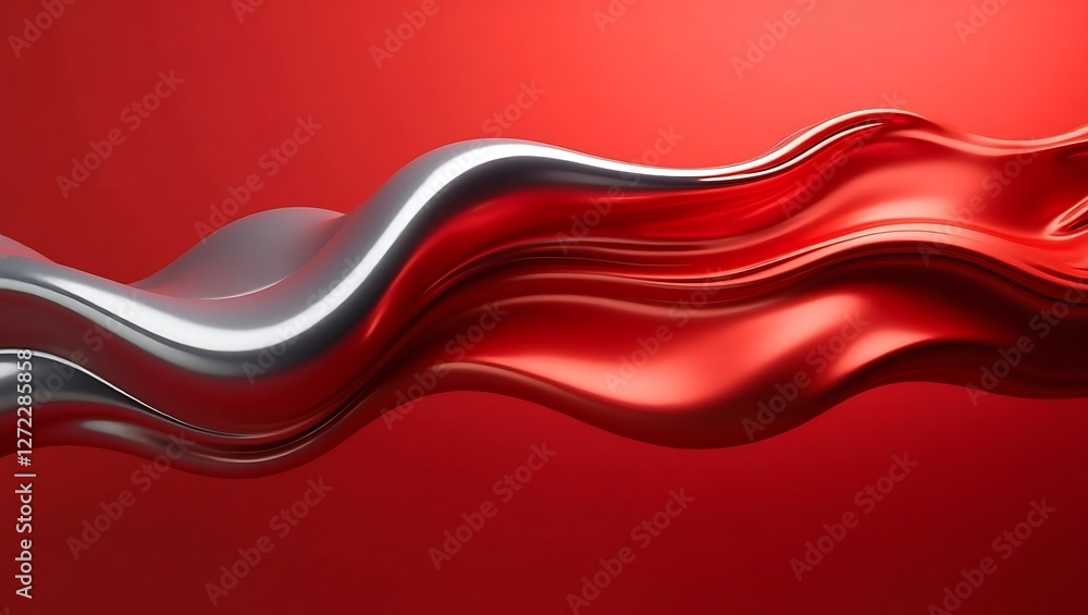 Poster glossy red and silver fluid waves with metallic texture in a dynamic abstract background design
