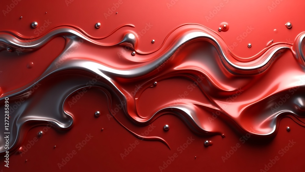 Poster glossy red and silver fluid waves with metallic texture in a dynamic abstract background design