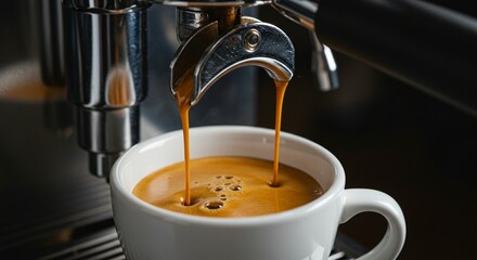 Close-Up Photograph of Espresso Being Poured from a Professional Coffee Machine into a White Cup