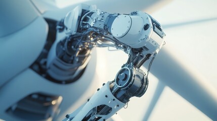 Fototapeta premium Close-up of a robotic arm, detailed mechanics, futuristic technology, white and gray colors, industrial automation