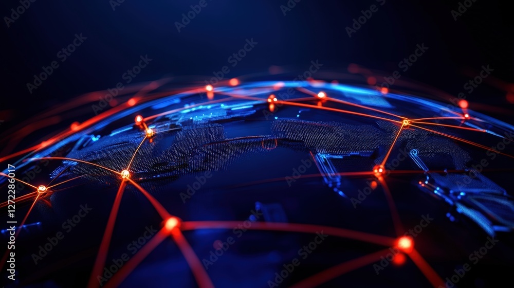 Poster a close-up view of a digital globe illuminated by glowing red and blue lines, representing global co