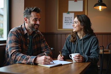 Peer support counselor meets with recovering addict in cafe