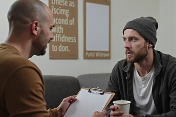 Addiction counselor sits with struggling client