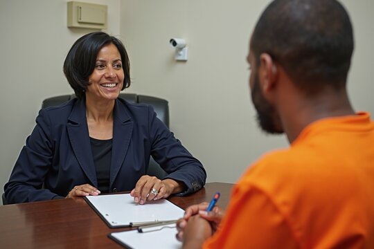 Prison social worker in counseling session with inmate