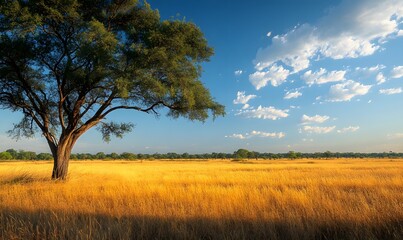 Fototapeta premium A large tree stands tall on a vast golden grass field with a bright blue sky