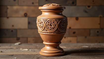 Hand-carved wooden urn with Celtic designs in rustic room, remembrance