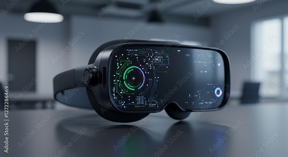 Poster futuristic virtual reality headset with digital interface in modern workspace