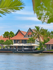 Obraz premium A boat cruises along the waterway passing a waterfront building with red tile roofs and lush tropical foliage.