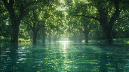 Fototapeta premium Submerged Park: A Flooded Oasis of Trees and Water