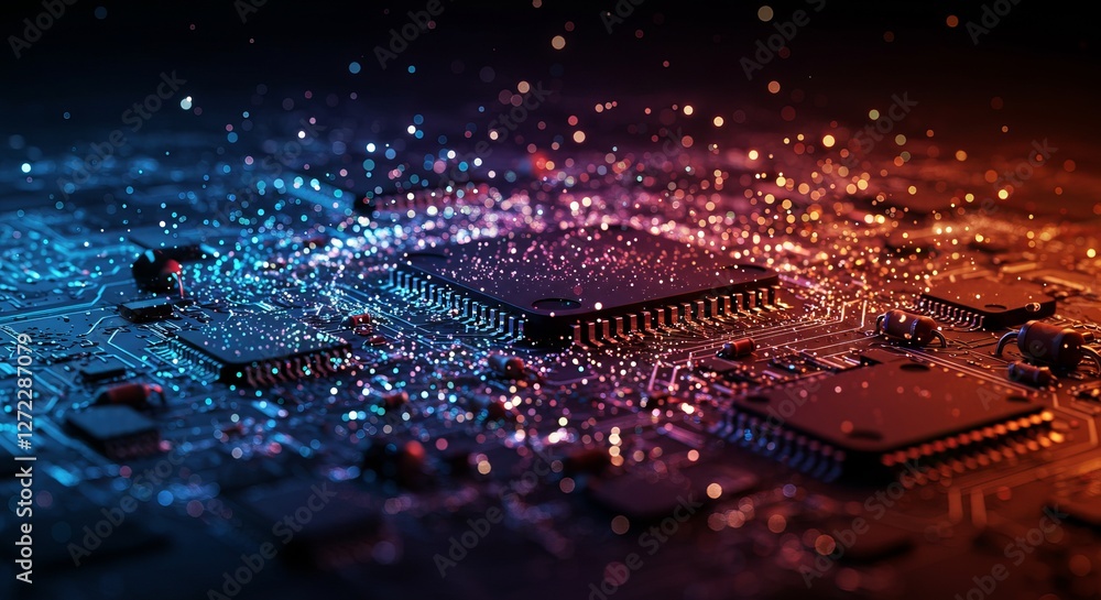 Poster colorful circuit board with glowing microchips and sparkling particles