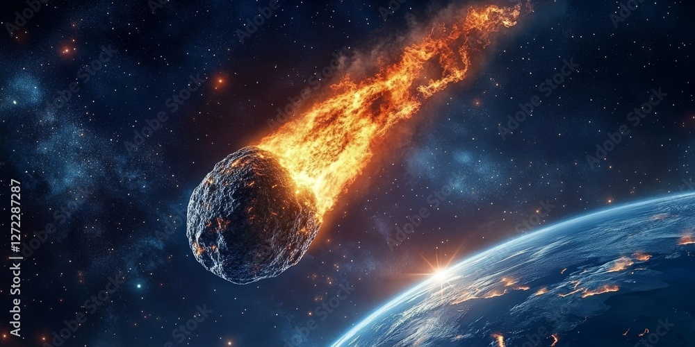 Poster a fiery and burning asteroid hurtles relentlessly through the vastness of space toward earth, framed