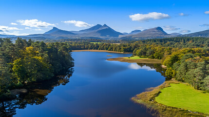 Fototapeta premium Aerial view serene loch reflecting mountains, autumn foliage, Scottish Highlands, travel brochure