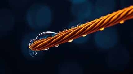 A close-up of a wet, orange-colored rope showcasing intricate details and water droplets, highlighting the beauty of everyday objects in a captivating way.